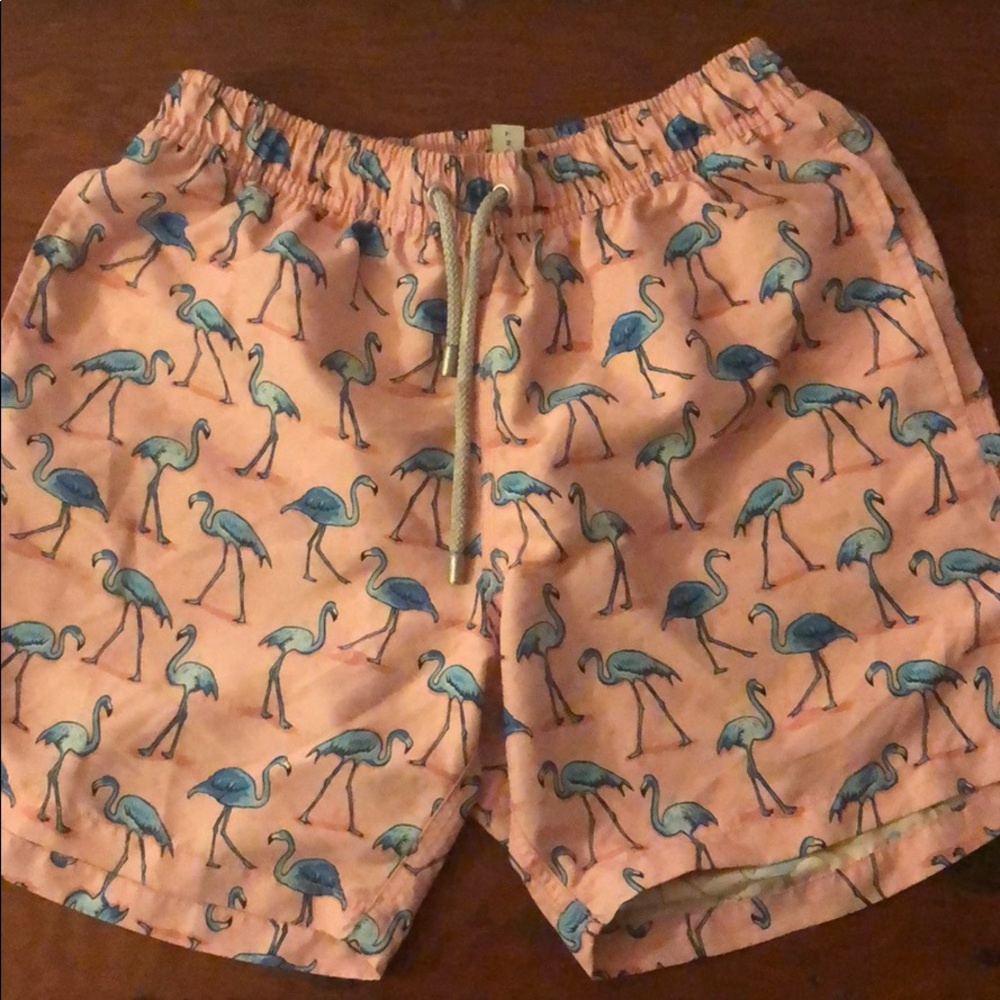 Pink swim trunks with blue flamingos